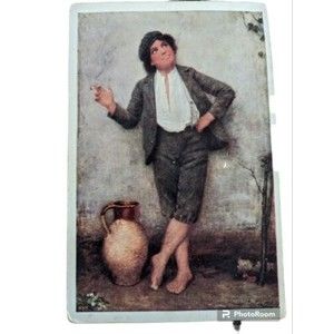 Antique Postcard Young Woman Having a Smoke Break Barefoot M&M "Minerva" Prague